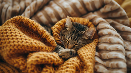 Tabby kitten sleeps soundly wrapped in soft knitted blanket closeup image, ai generated. Sleepy relaxed kitty. Feline coziness close up photography. Comfort and relaxation concept photo realisticの素材