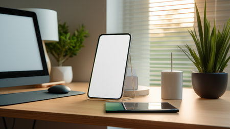 Computer screen and tablet mockup in well-lit home office, ai generated. Gadgets on desk with plants. Devices template device advertising image. Modern workspace concept composition photorealisticの素材