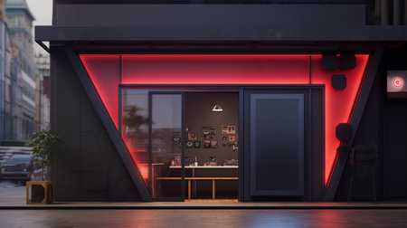 Backlit shopfront with red ambient lighting ai generated mockup photography. Blank advertisement board template advertising outdoors. City retail promotional concept mock up photorealistic imageの素材