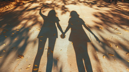 Silhouettes of girls joining hands park road on photo, ai generated. Two best friends casting shadows playing in garden image background wallpaper. Children friendship concept picture realisticの素材