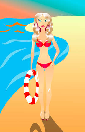 Sexy Lifeguard blondy girl on the beach. Vector Illustrationのイラスト素材