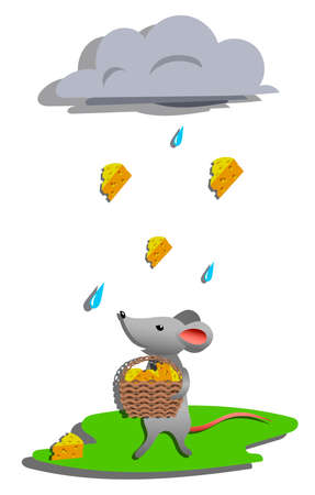 Cheesy rain for gray mouse. Vector illustrationのイラスト素材