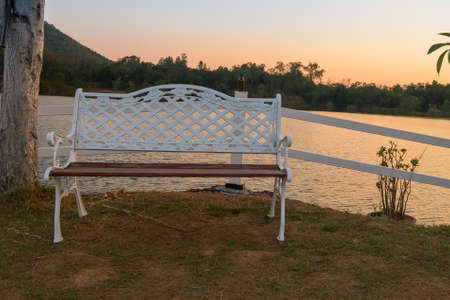 The bench on side of Lake in Thailand,vintage toneの写真素材