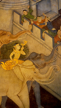 Masterpiece of traditional Thai style painting art on temple wall at Wat Pho, Bangkok,Thailandの写真素材