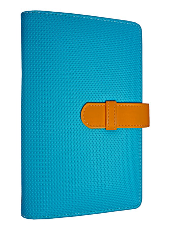 blue leather case notebook isolated on white backgroundの写真素材