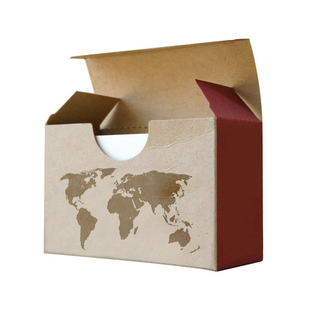 Cardboard box front side with map world isolated on white backgroundの写真素材