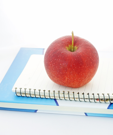 red apple sitting on an opened notebookの写真素材