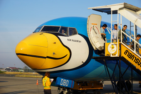 Ubonratchathani, THAILAND - December 18 2014: HS-DDK Boeing 737-400 of NokAir airline ( Low-cost Airline), Photo at Ubonratchathani Airport, thailand.のeditorial素材