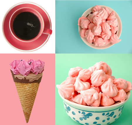 Pastel colored ice cream, coffee and meringue collageの写真素材