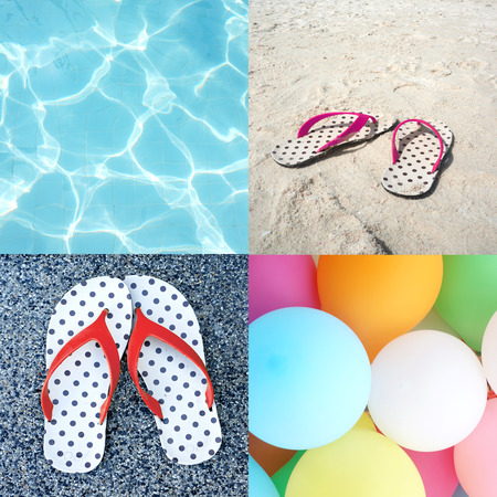 collage of four pictures of sandal beach, colorful balloons and blue ripple water (Summer concept)の写真素材