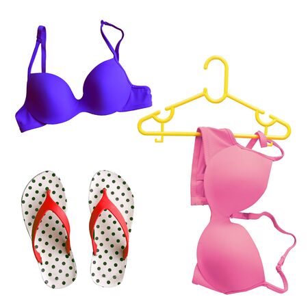 Summer Bikini Concept with Bikini and Flip Flop Sandals Isolated on Whiteの写真素材
