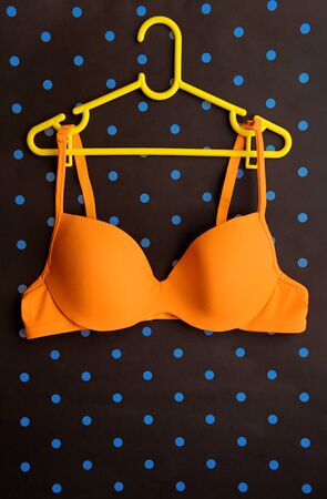 Summer concept, bra on coat hanger on blue. (Pop art style)の写真素材