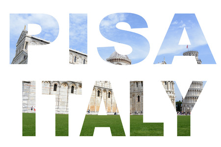 Photo collage letters PISA ITALY with Lean Tower backgroundの写真素材