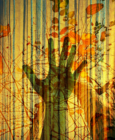 Abstract environment conceptual, hand and tree silhouette on grunge paper texture. Double exposure effect.の写真素材