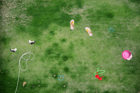 top view of green backyard with things drop on itの写真素材