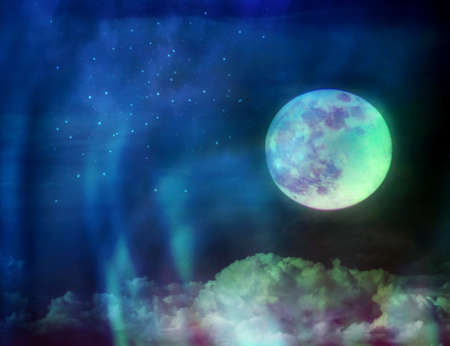 moon at night with stars and aurora lightの写真素材