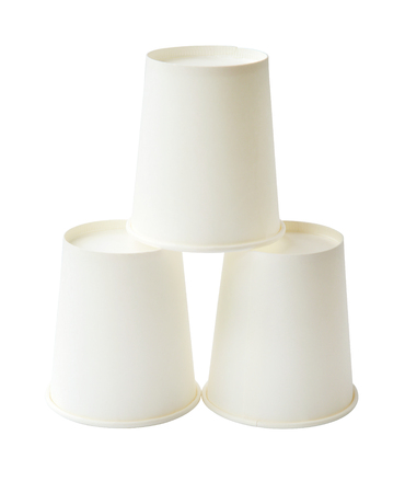 stack of white disposable paper cups isolated (clipping path)の写真素材