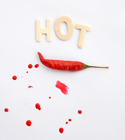 Red chili on white background with text hot.の写真素材