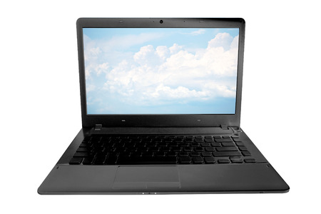 Cloud computing network concept. Notebook with cloud isolated on white