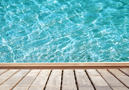 wooden floor with sea backgroundの写真素材