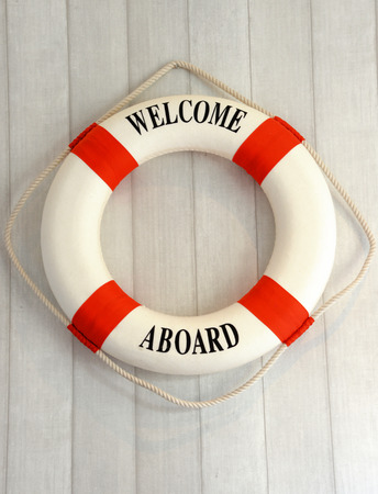 life vests on wall for decorationの写真素材