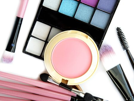cosmetics and makeup. Tools for Professional make a top view. On a white backgroundの写真素材