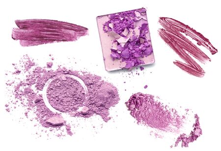Purple color tone make up cosmetic product. Powder lipgloss and eyeshadow.の写真素材