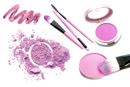 Purple color tone make up cosmetic product. Powder lipgloss and eyeshadow.の写真素材