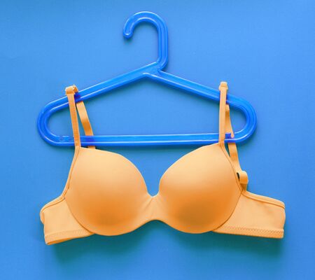 Summer concept, bra on coat hanger on blue (Pop art style)の写真素材