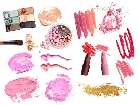 Collage of make up cosmetics on white background. Beauty and makeup conceptの写真素材