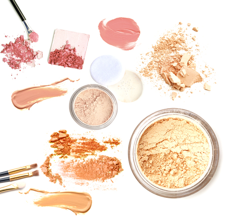 Face powder and brush over white backgroundの写真素材