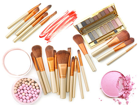 Cosmetic products set. Palette eye shadow and powder make up.の写真素材