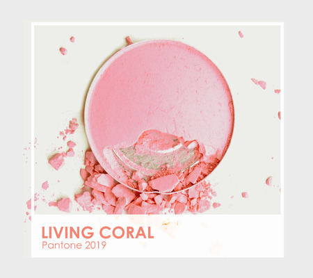 Living coral - Pantone 2019. Make up cosmetic powder brush.の写真素材
