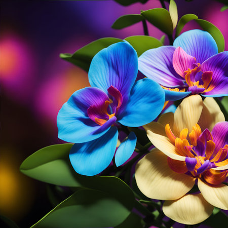 Close up of orchid flowers with colorful bokeh background. Created using generative AIの素材
