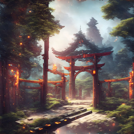 Fantasy landscape with a wooden gate in the middle of the forest. Created using generative AIの素材