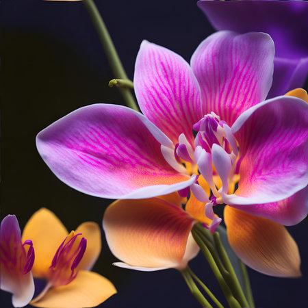Bouquet of colorful orchids on a dark background. Created using generative AIの素材