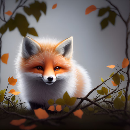 Red fox in the autumn forest with fallen leaves. 3d illustration. Created using generative AIの素材