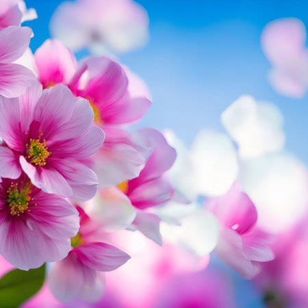 Blossoming pink flowers on a background of blue sky. Created using generative AIの素材