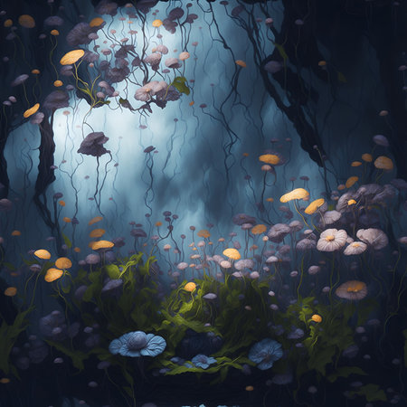 Beautiful fantasy landscape with forest and wild flowers. Digital painting. Created using generative AIの素材