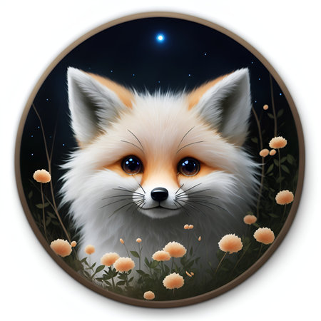 Cute fox in a circle on a background of the night sky. Created using generative AIの素材
