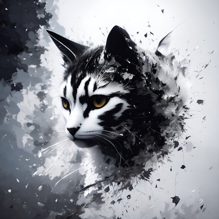 Digital painting of a cat's face in black and white tones. Created using generative AIの素材