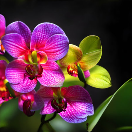 Beautiful purple orchid flowers on black background. Created using generative AIの素材