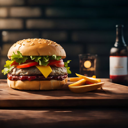 Cheeseburger with cheese, tomato and lettuce served on wooden board. Created using generative AIの素材