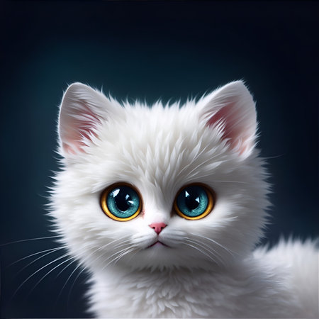 Portrait of a white cat with blue eyes on a dark background. Created using generative AIの素材