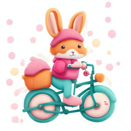 Cute cartoon rabbit riding a bike on a white background. Vector illustration. Created using generative AIの素材