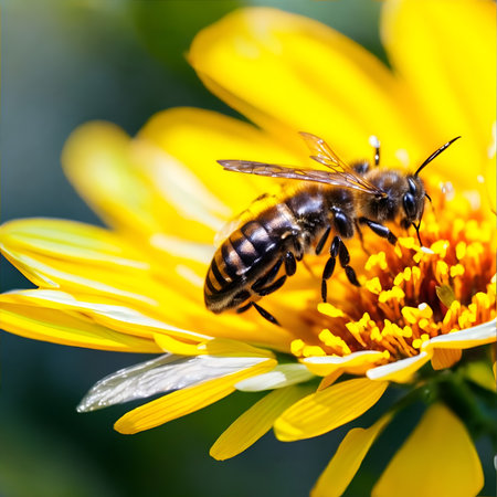 Bee on a yellow flower in the garden. Shallow depth of field. Created using generative AIの素材