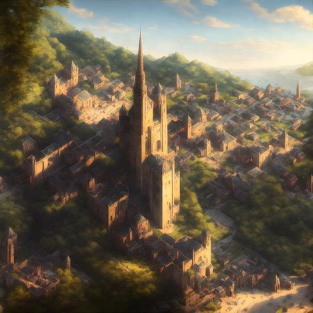 Digital painting of a panoramic view of the medieval city. Created using generative AIの素材