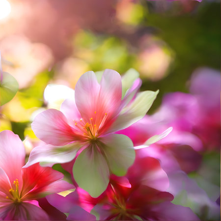 Beautiful pink flowers on a blurred background. Shallow depth of field. Created using generative AIの素材