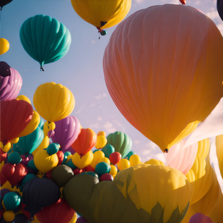 Colorful hot air balloons flying in the blue sky at the festival. AI Generated.の素材