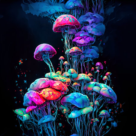 Colorful psychedelic jellyfishes on a dark background. 3d rendering. AI Generated.の素材